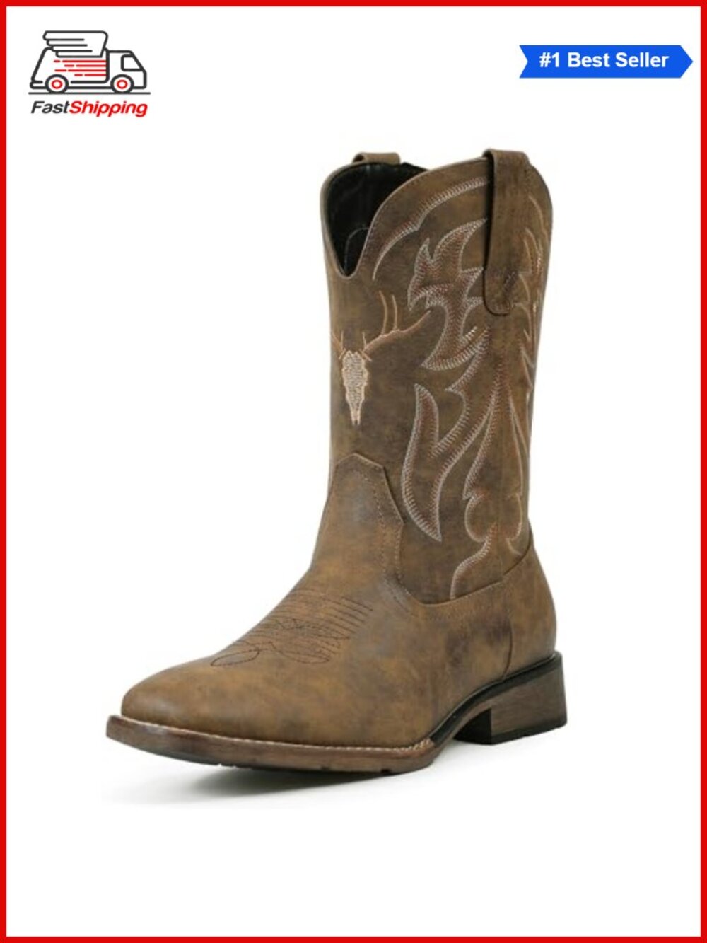✨Men's Square Toe Western Cowboy Boots Embroidered Pull On Faux Leather
